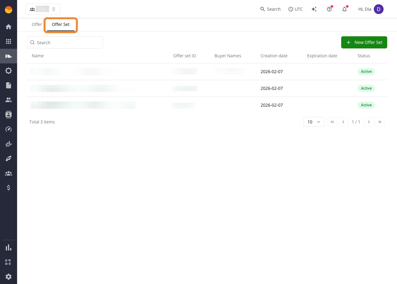Offer Set tab in the Suger Console