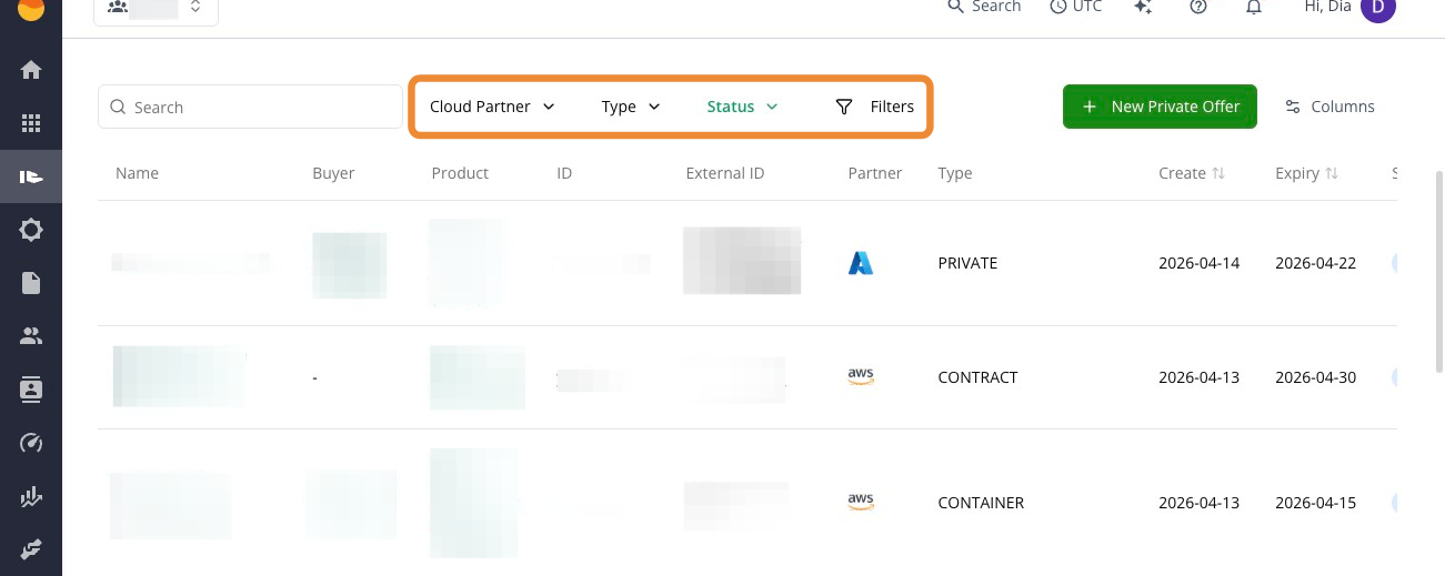 Filters in the Offers page