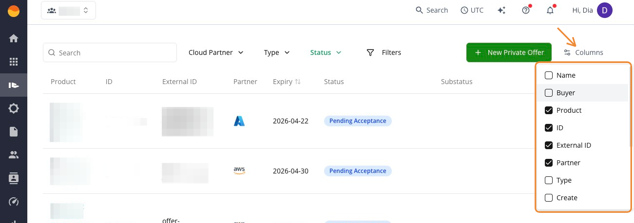 Columns in the Offers page