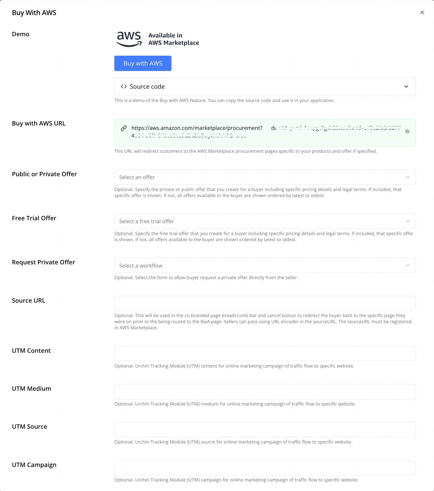 Source code snippet for the Buy with AWS button and Available in AWS Marketplace badge