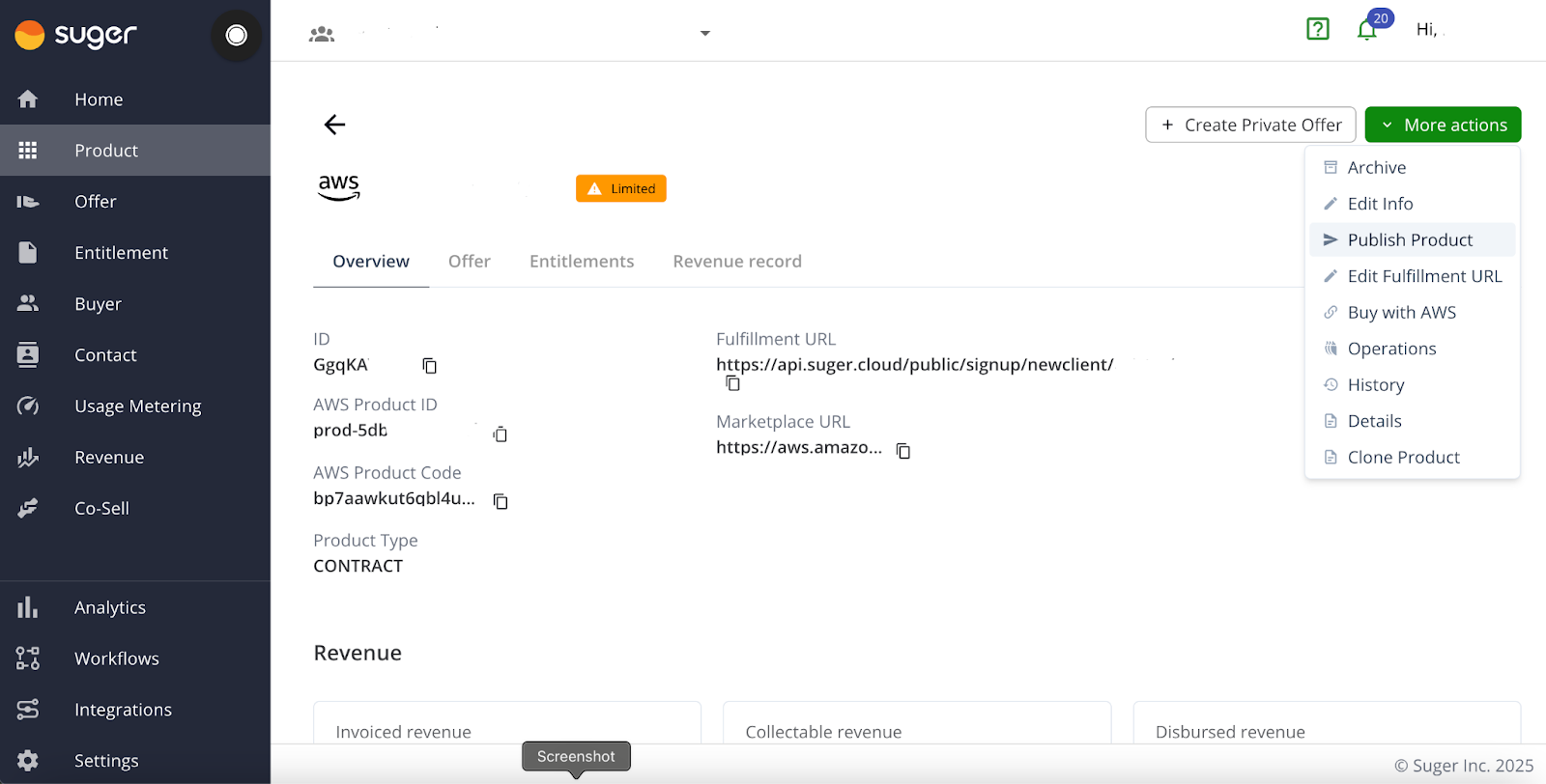 Publish Product action in the Suger Console listing More Actions menu