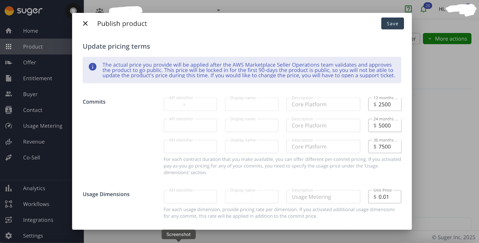 Public pricing display with Usage Dimensions set to $0.01