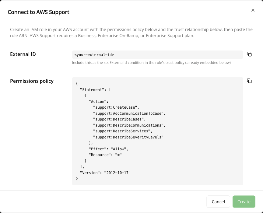 Connect to AWS Support dialog in Suger, showing the external ID and the permissions policy to copy