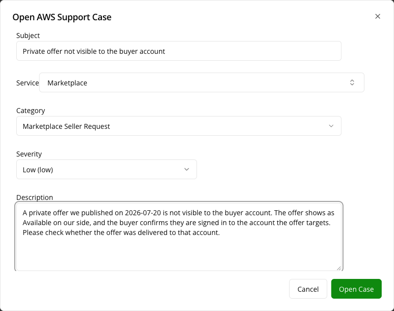 Open AWS Support Case dialog with all fields filled in