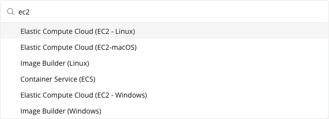 Service picker with a search term entered and matching services listed