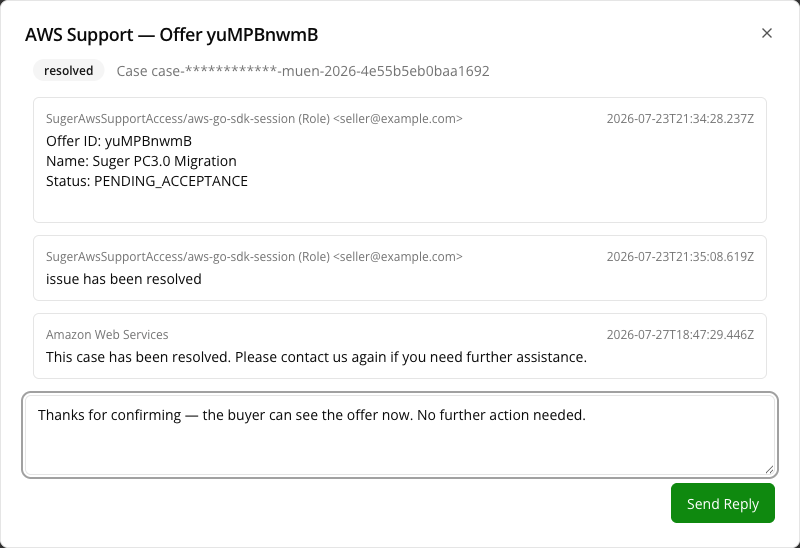 AWS support case detail, showing the correspondence thread and the reply box