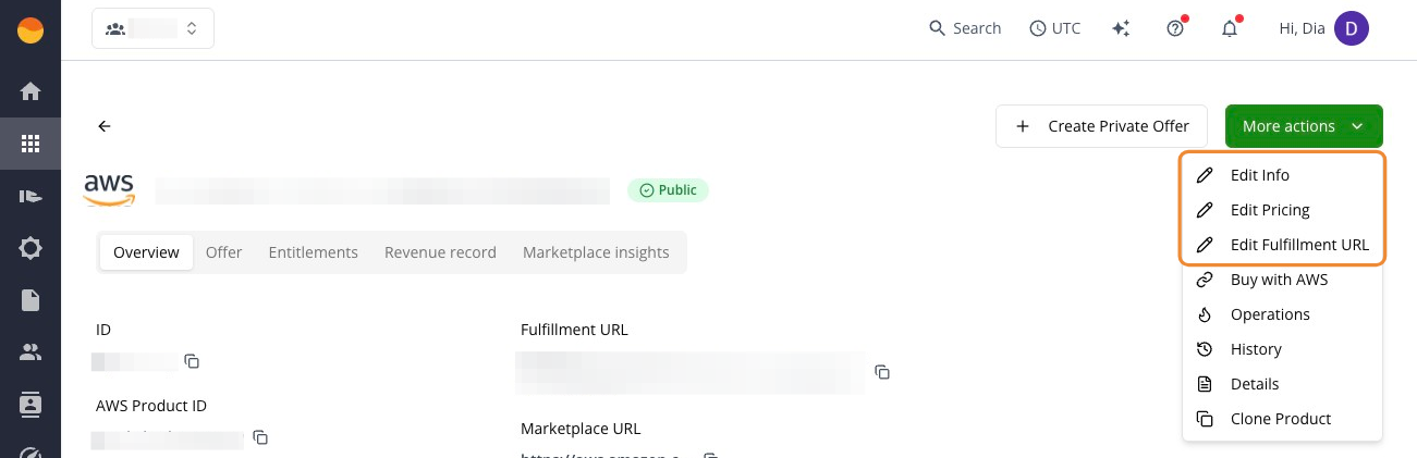 More actions menu on an AWS listing
