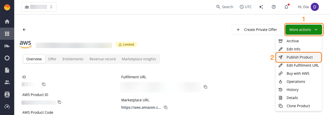 Publish Product action on a Limited listing