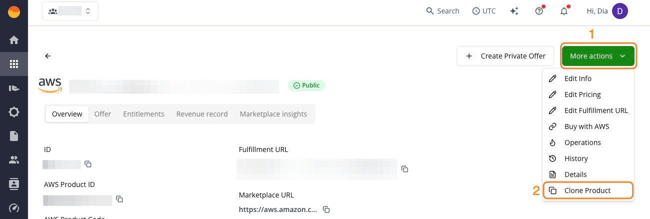 Clone Product action on an AWS listing