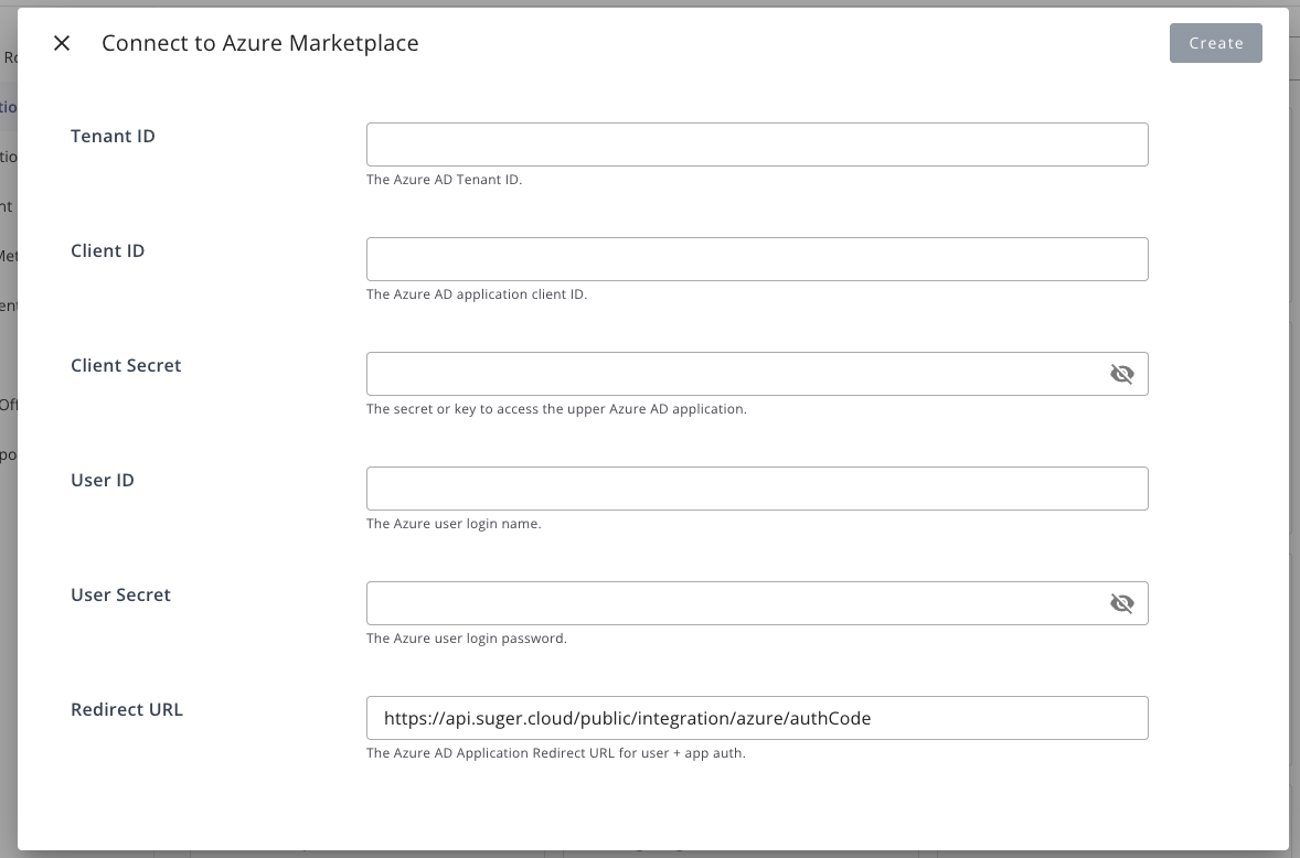 Suger Console Azure Marketplace connection dialog