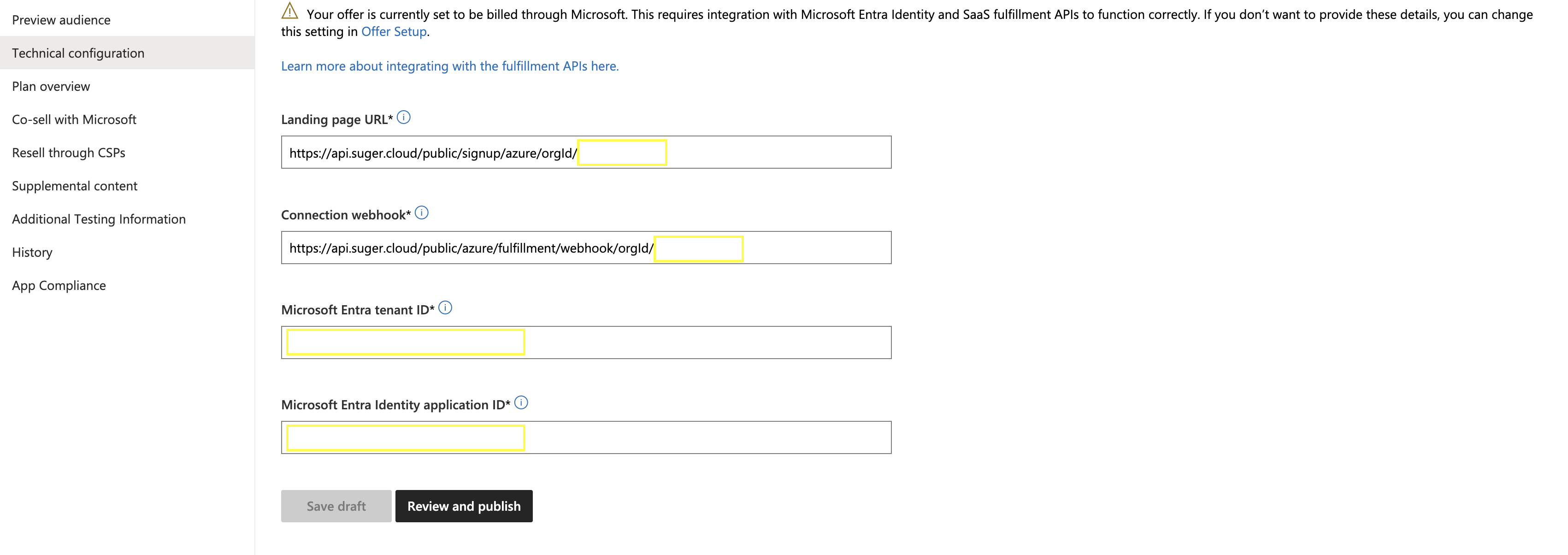 Product Technical Configuration with Suger landing page and webhook URLs