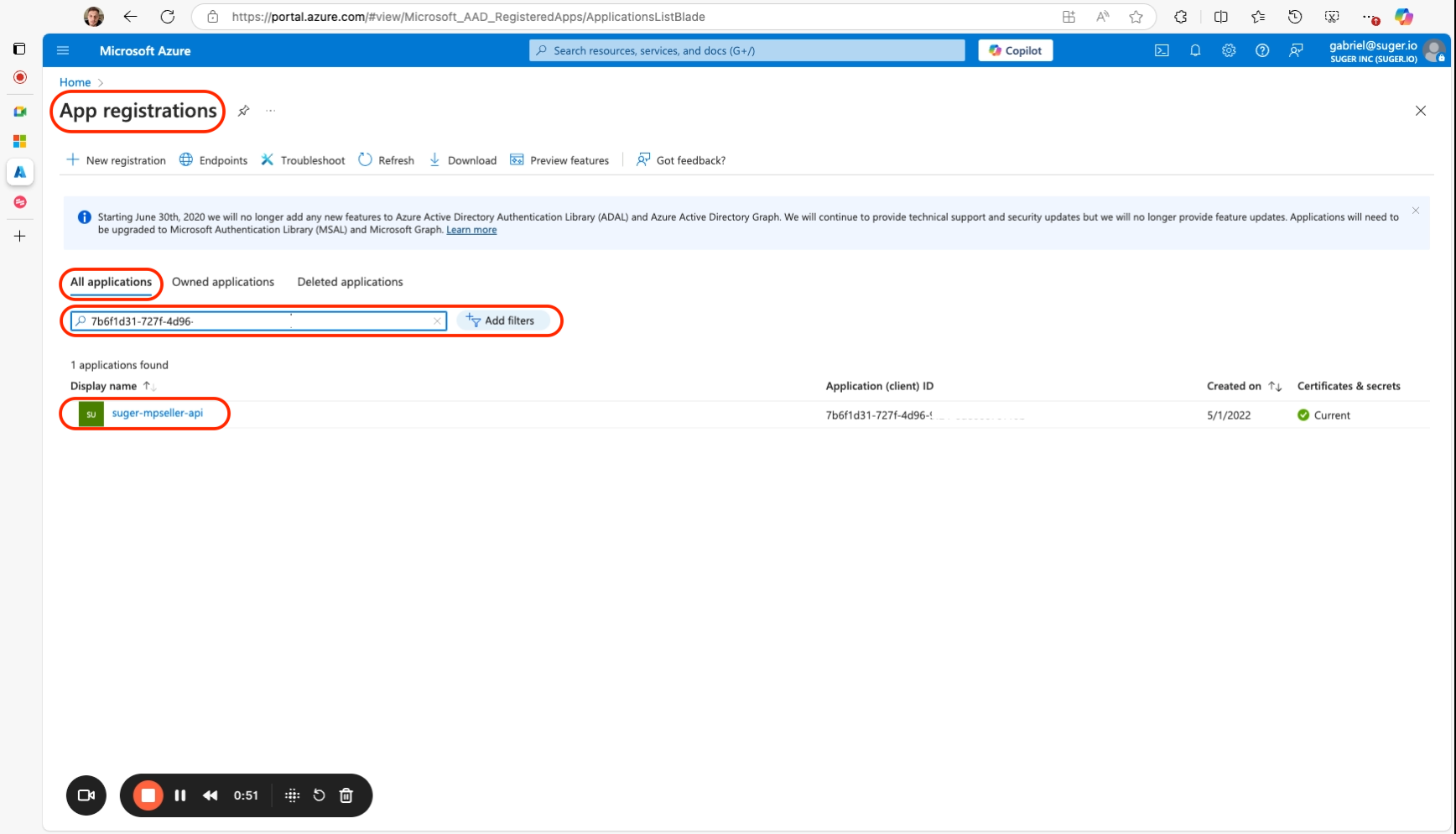 Azure App registrations, All Applications view