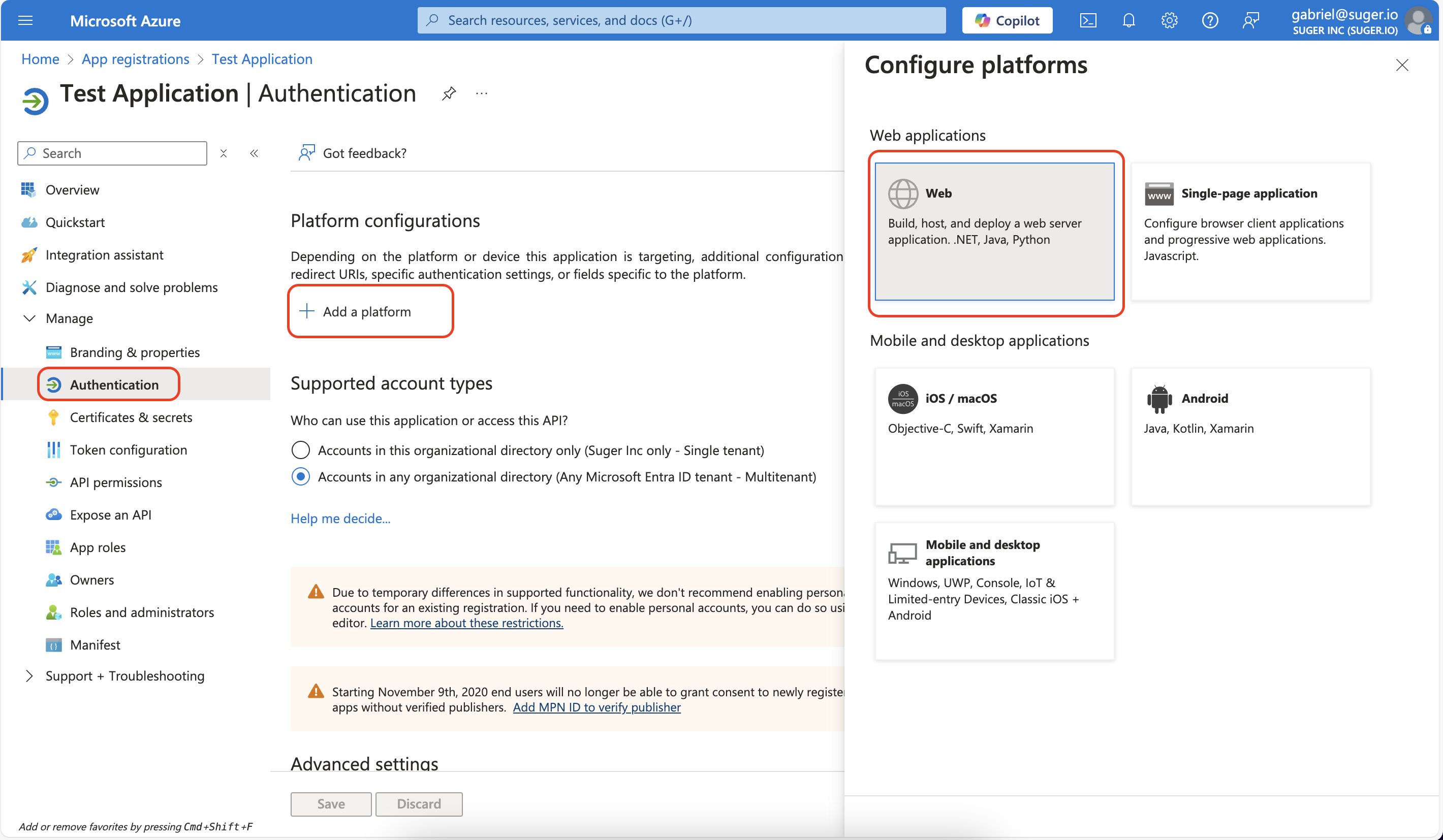 Add a Web platform under Authentication