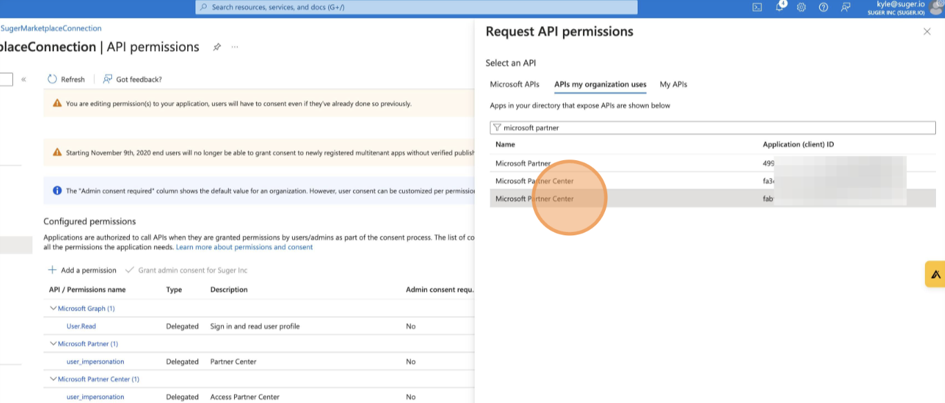 APIs my organization uses, Microsoft Partner search results
