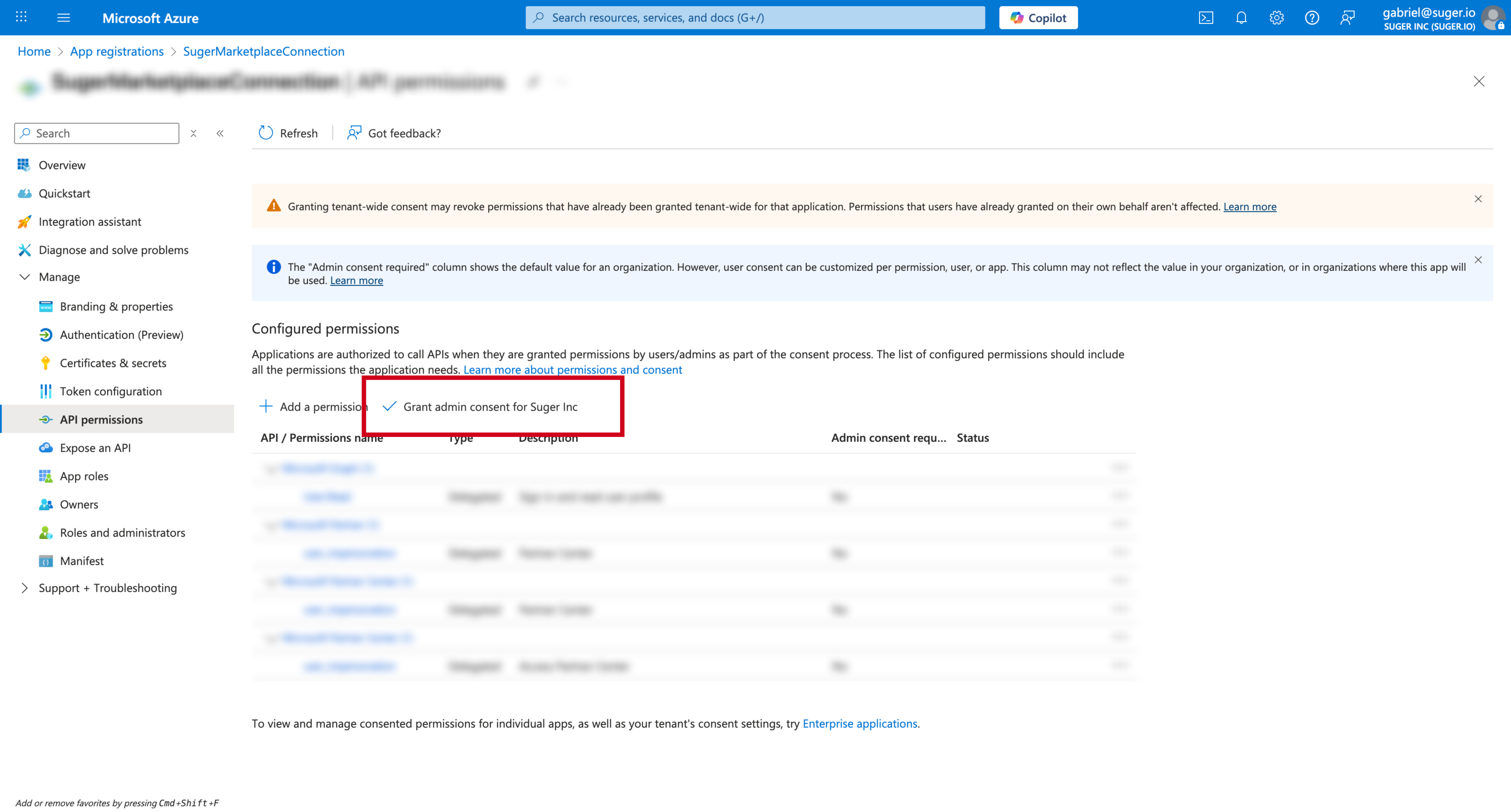 Grant admin consent button