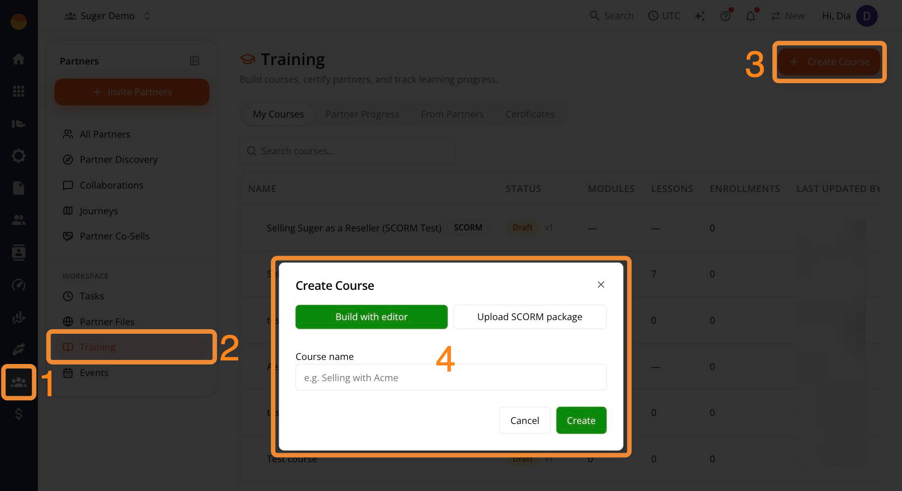 Create Course dialog offering Build with editor or Upload SCORM package
