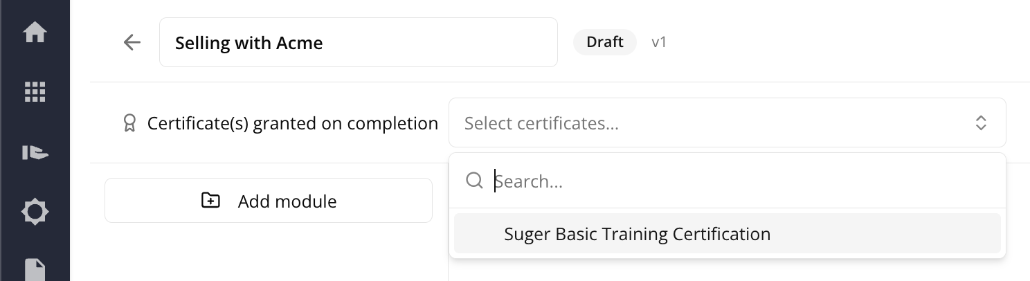 Course settings with the Certificate granted on completion field