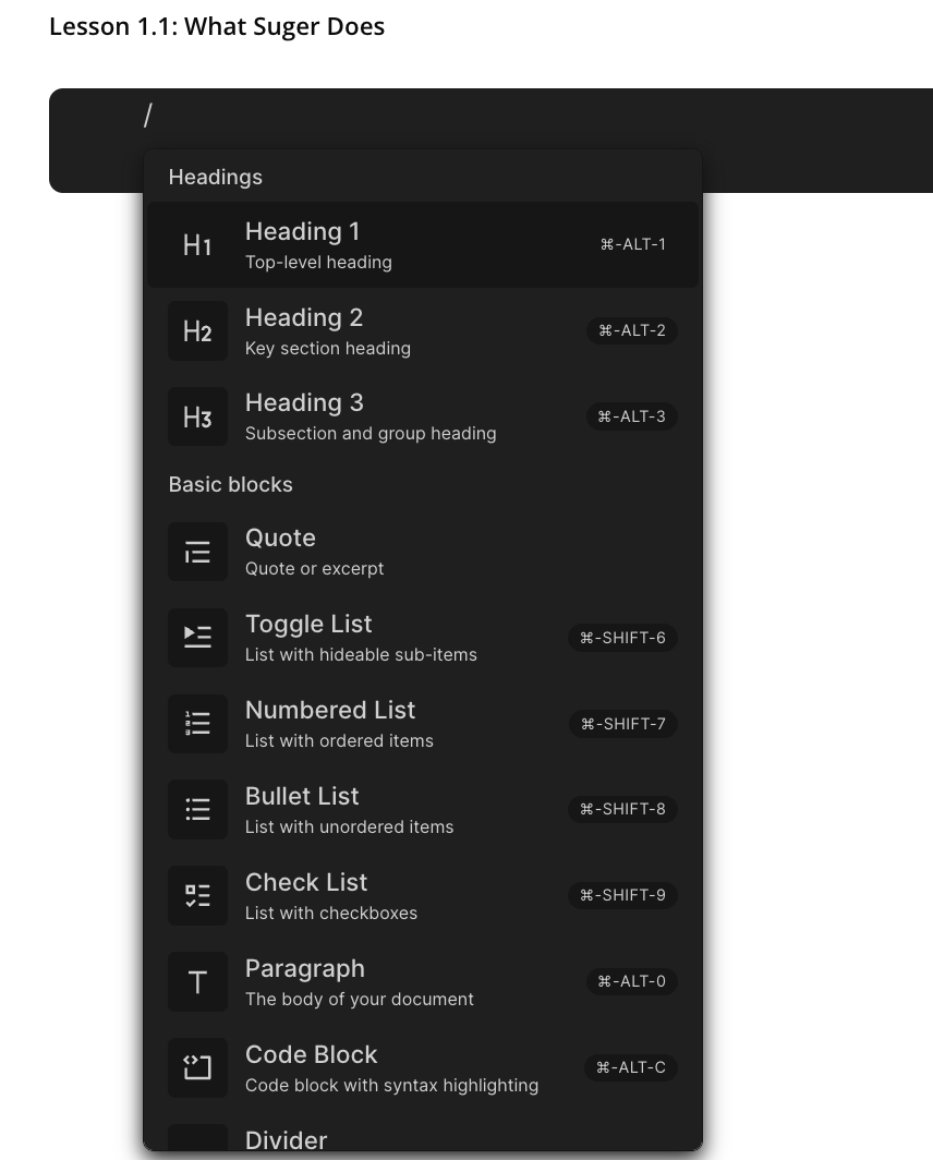 Slash menu for inserting content blocks in a lesson