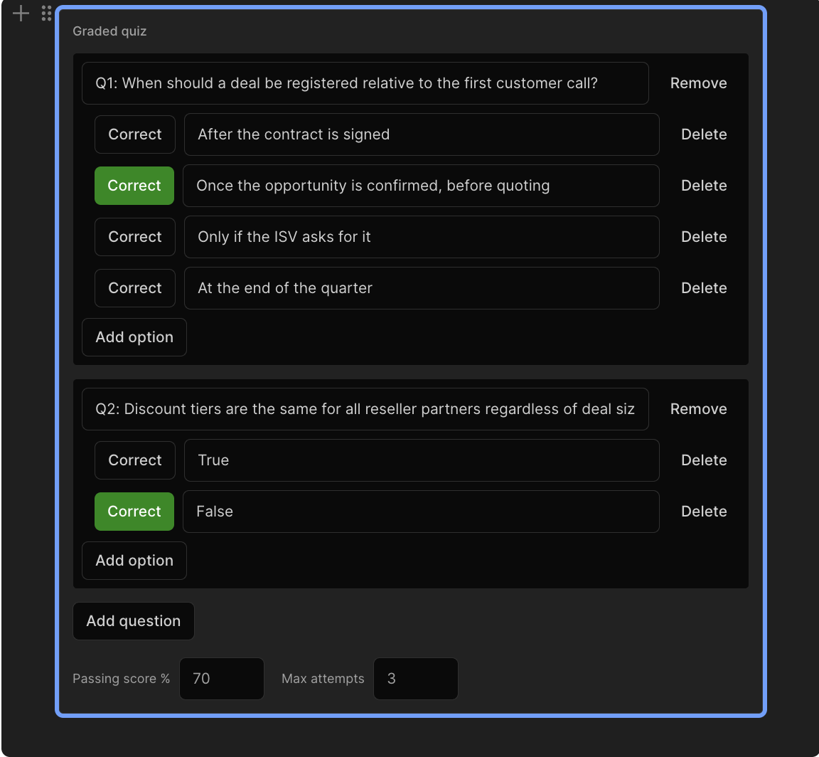 Quiz block with question, answer options, passing score, and max attempts