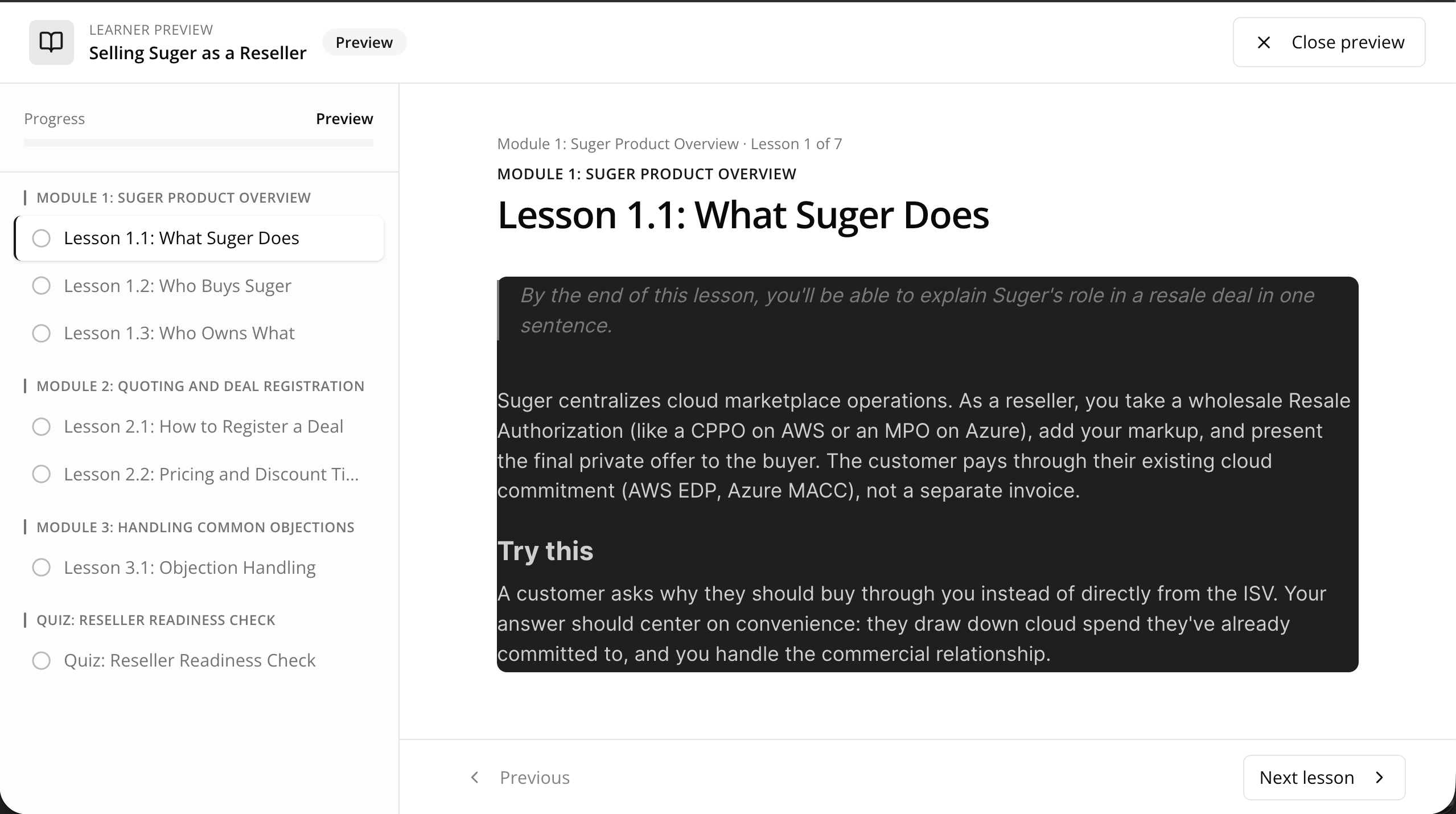 Learner Preview mode showing the course as a partner will see it