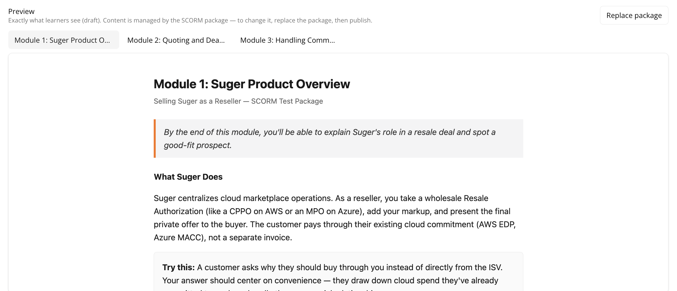 Preview tab of an uploaded SCORM course