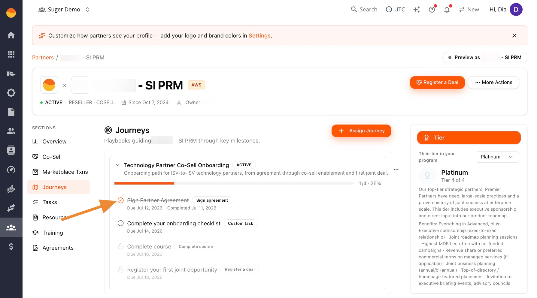 Partner journey card with checkboxes next to each step
