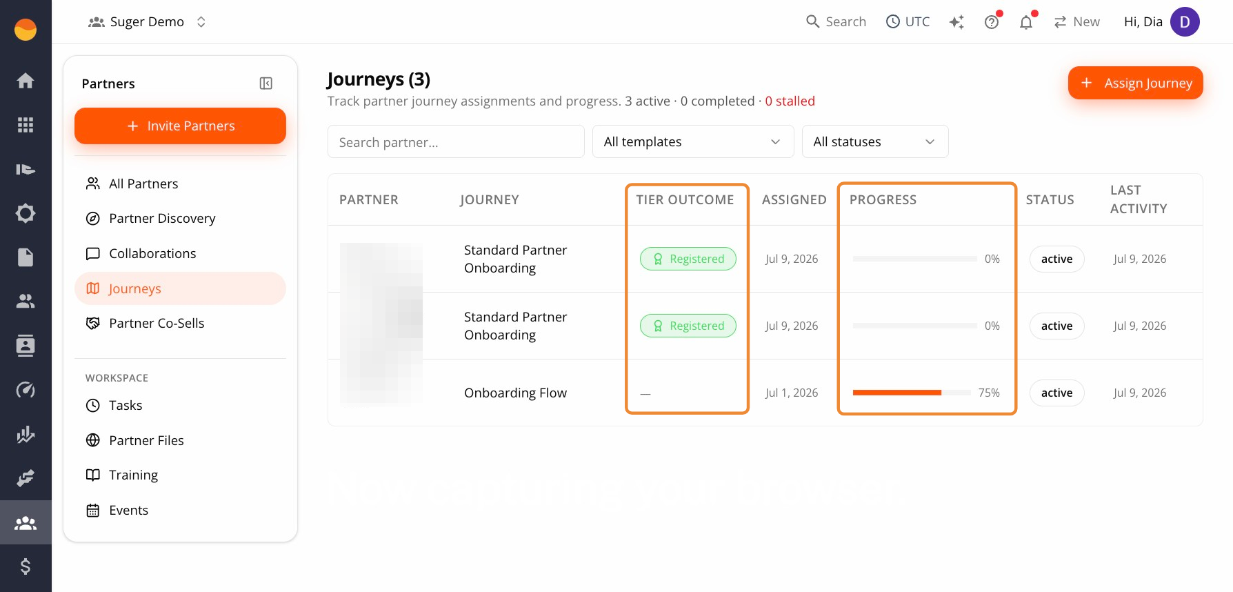Journeys list showing the Progress and Tier Outcome columns