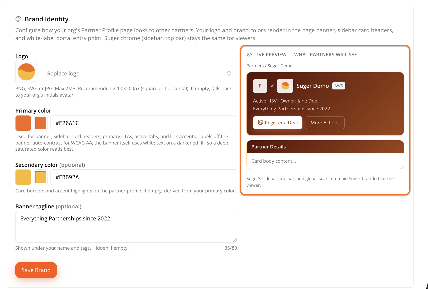 Brand settings form with Live Preview panel