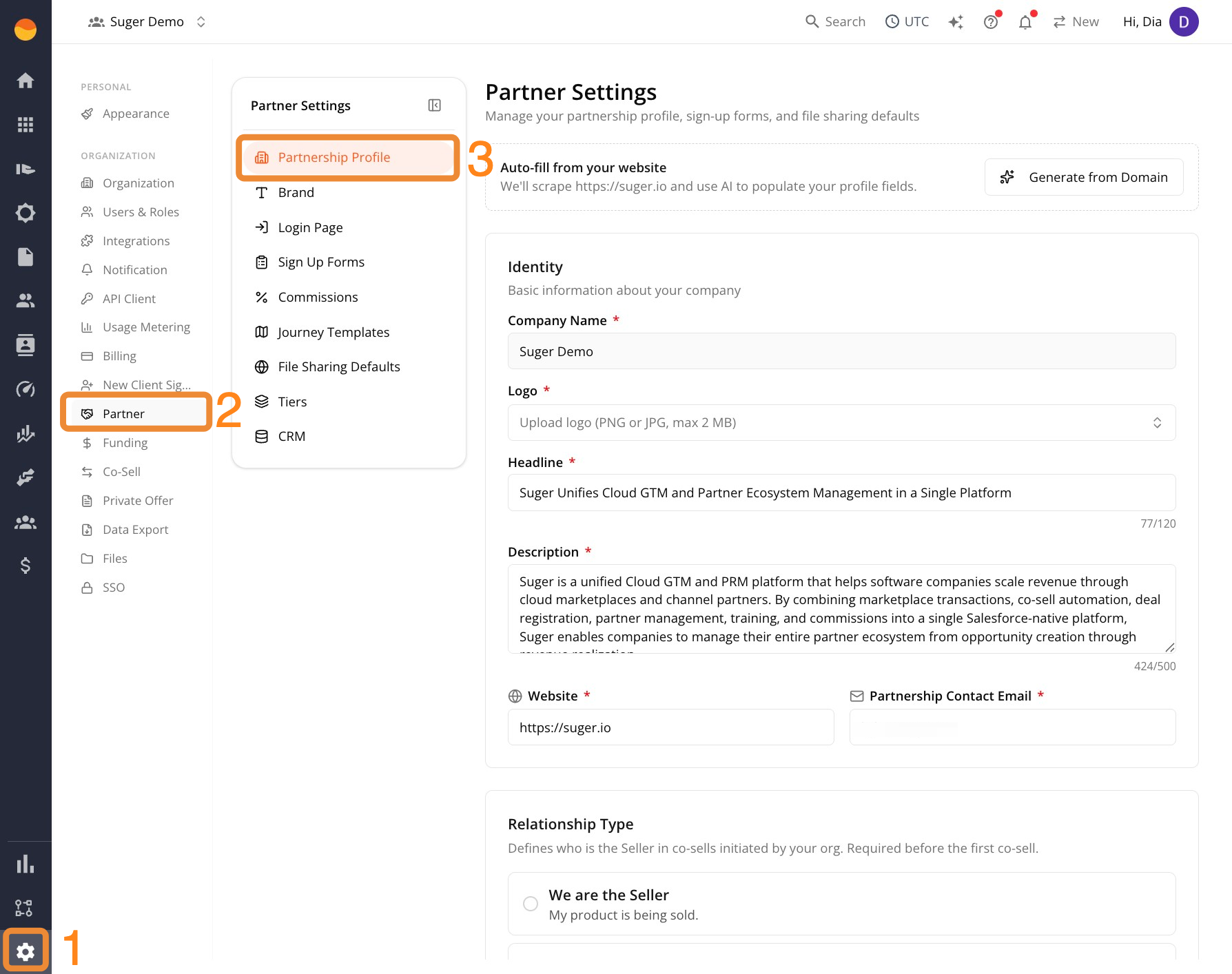 Partnership Profile settings under Settings > Partner in Suger Console