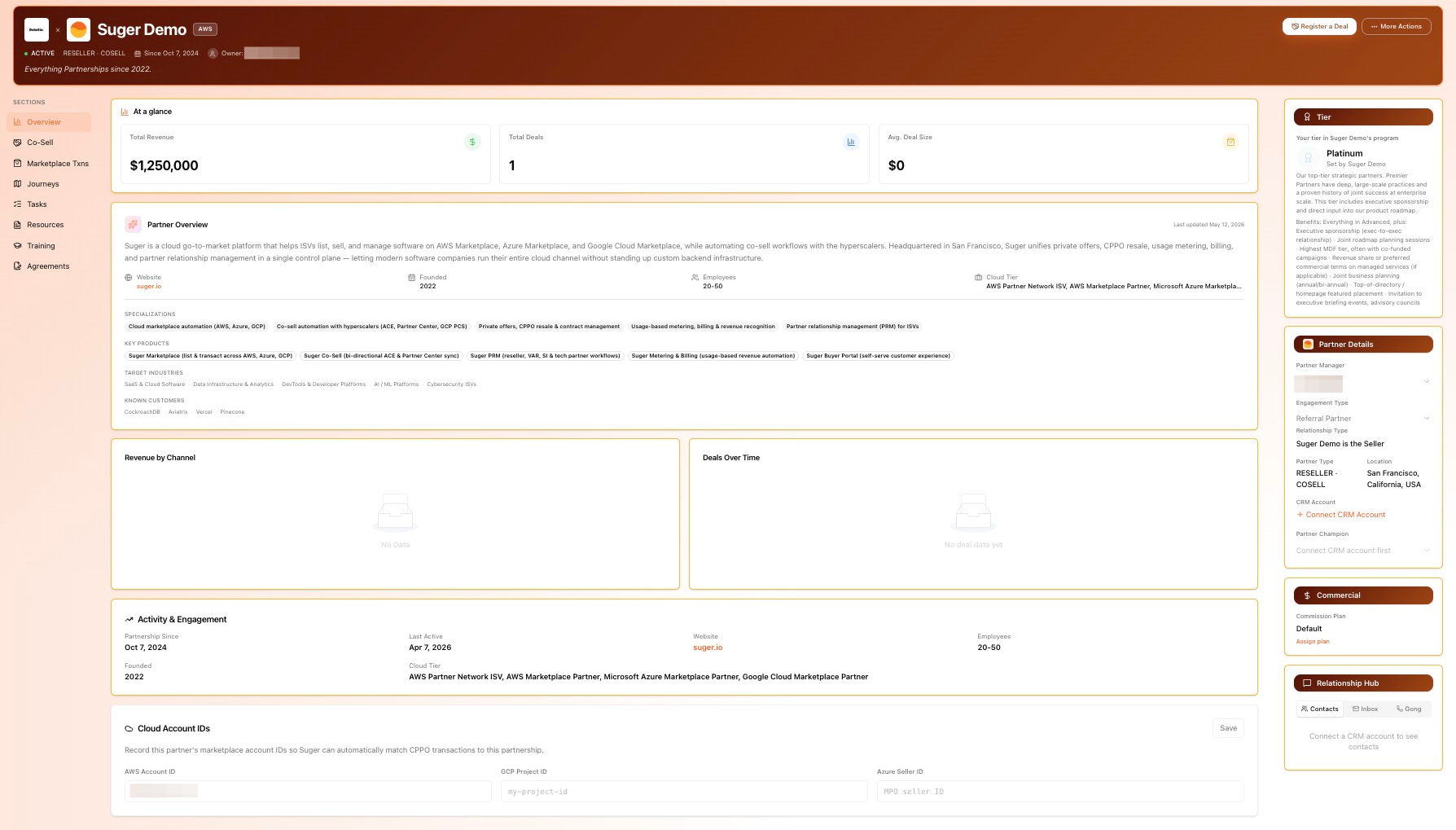 Partner-facing view of your company profile showing name, website, and description