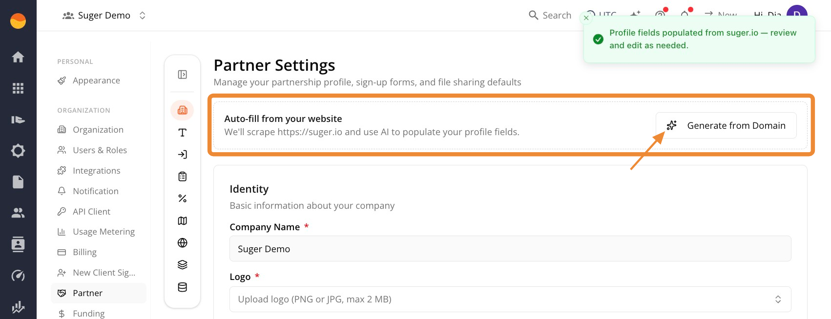 Generate from Domain button that drafts profile content from your website