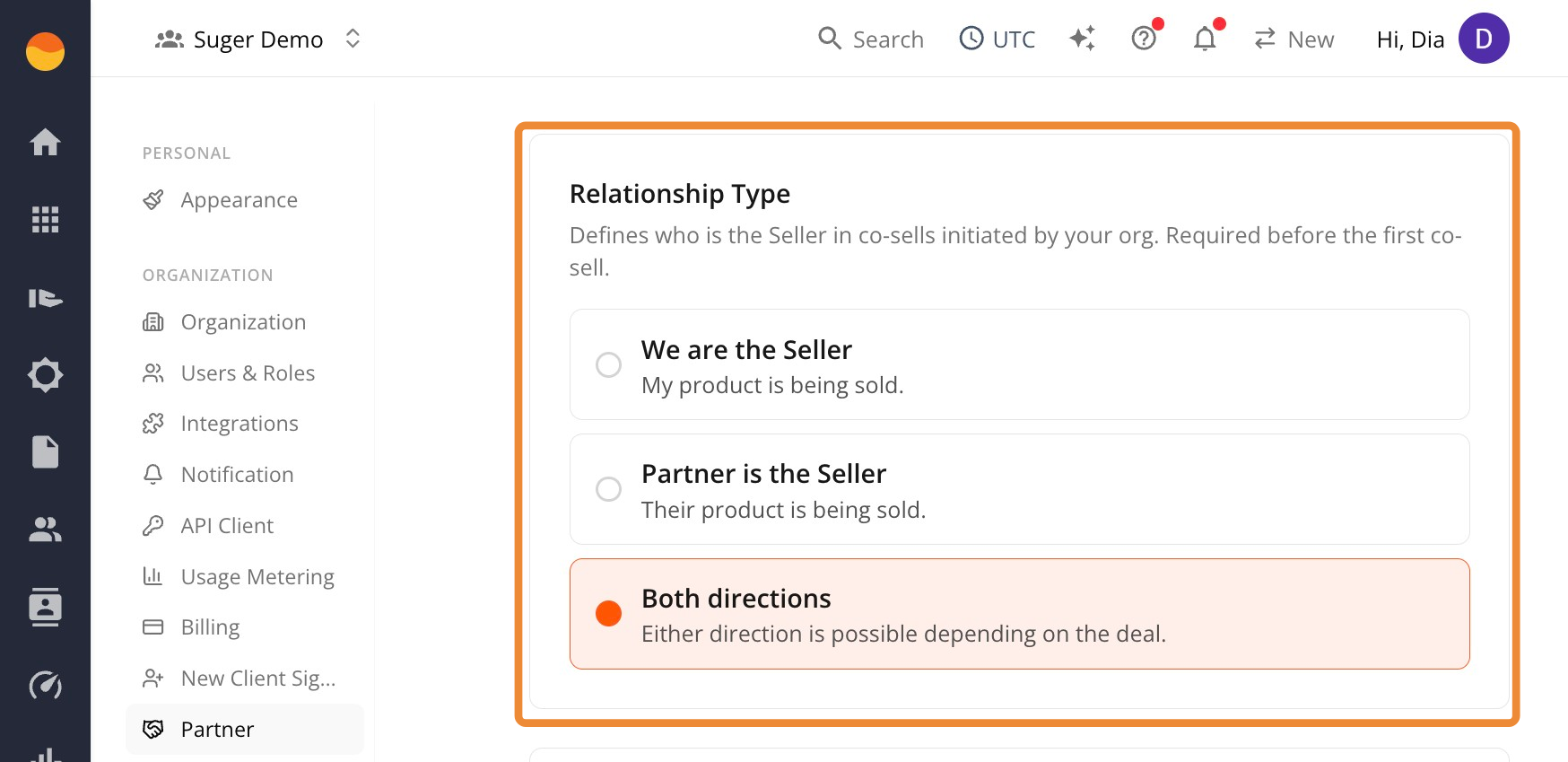 Relationship Type options: We are the Seller, Partner is the Seller, or Both directions