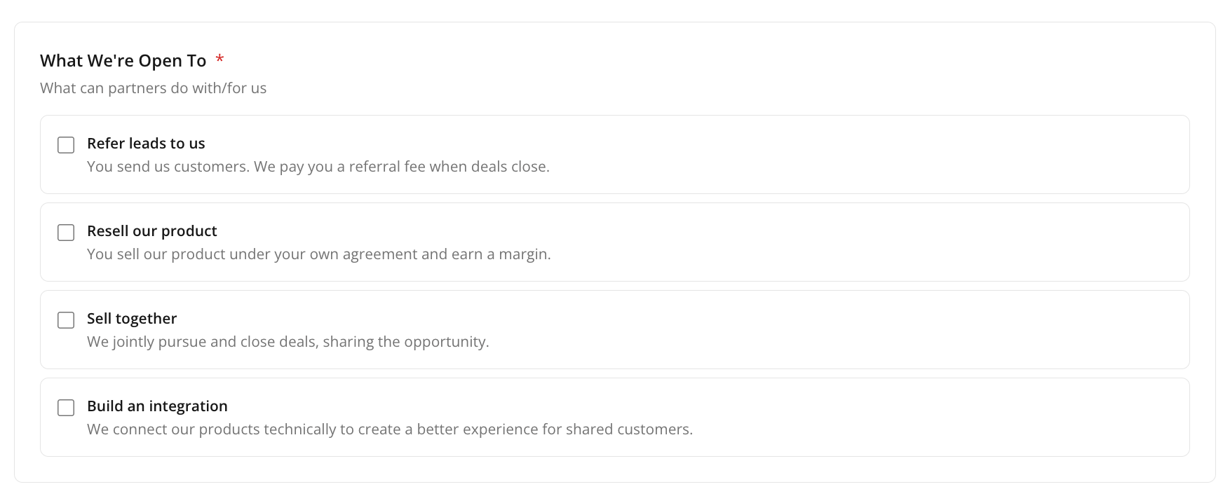 What We're Open To capability checkboxes for sellers