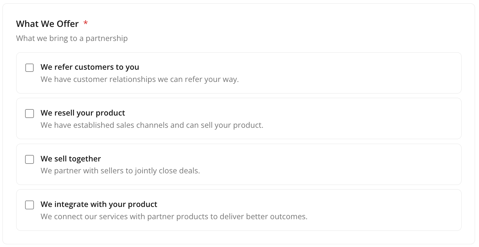 What We Offer capability checkboxes for partners who resell