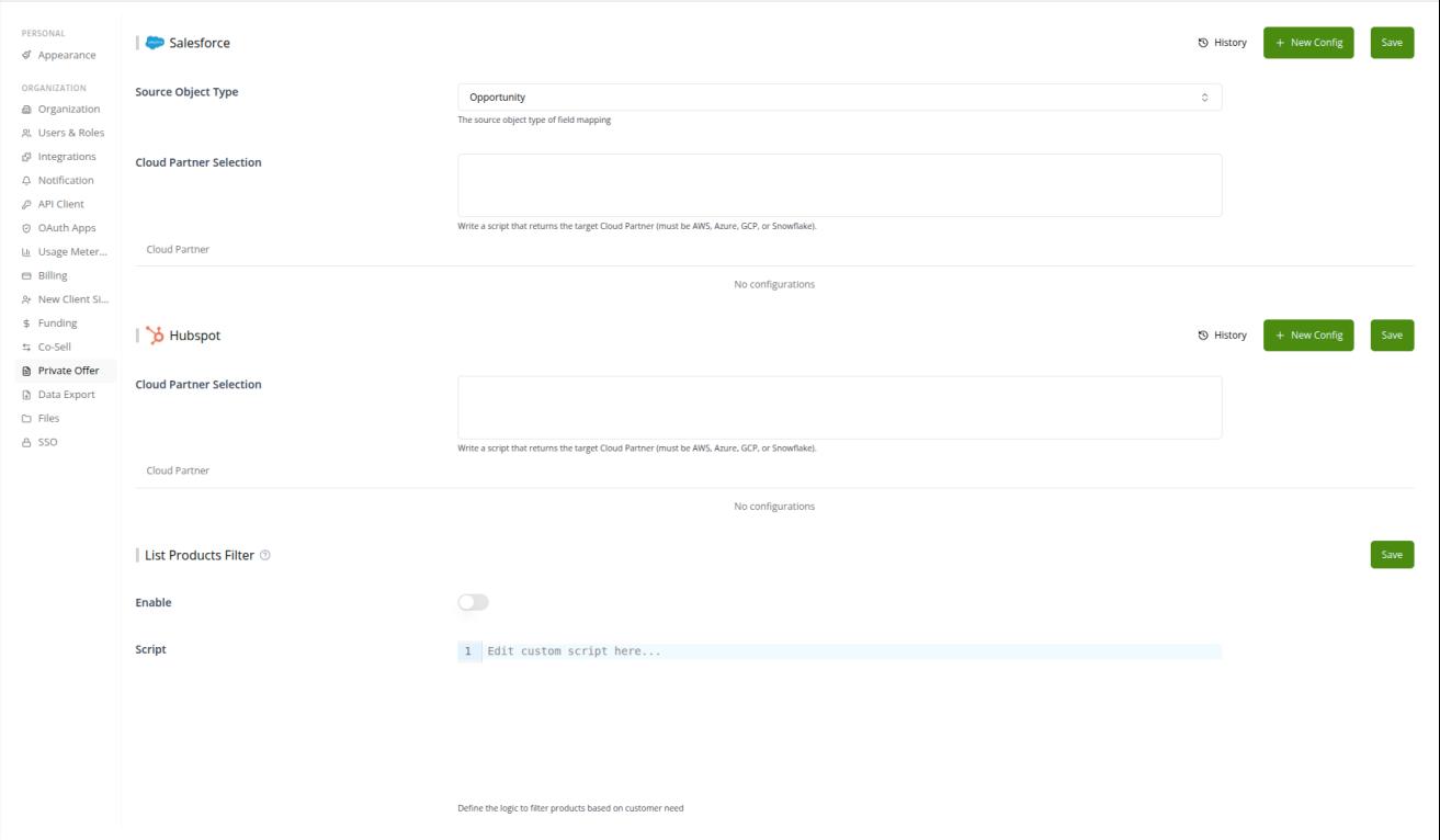 Private Offer settings tab in Suger Console