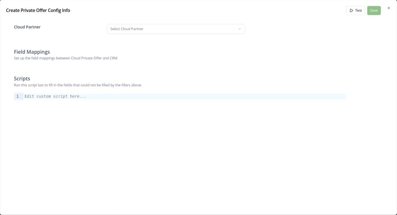 Create Private Offer Config Info modal with field mappings and scripts