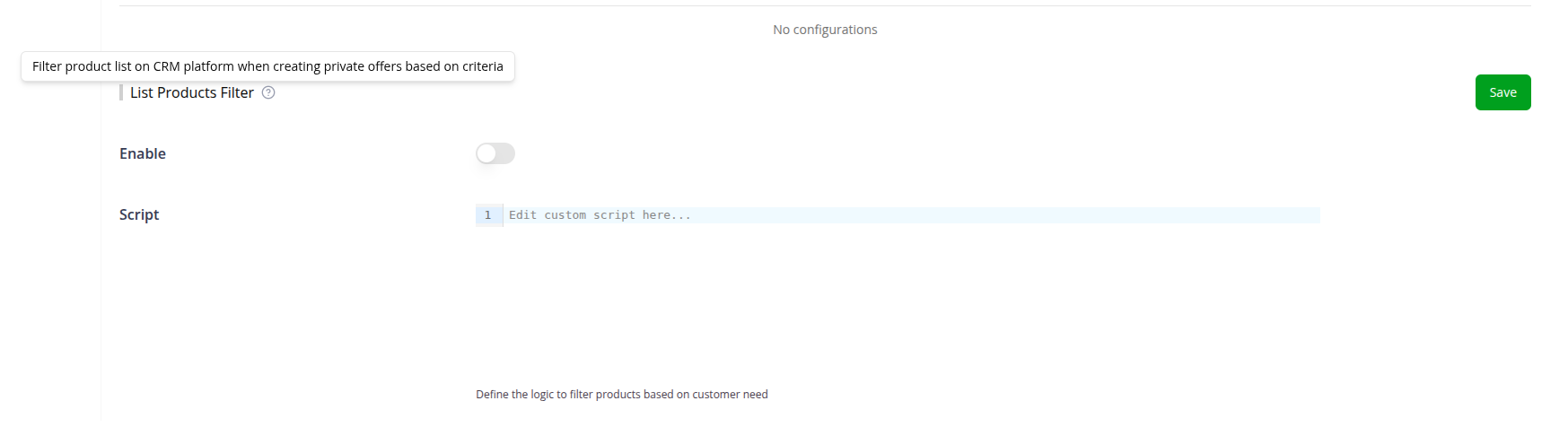 List Products Filter script on the Private Offer settings page