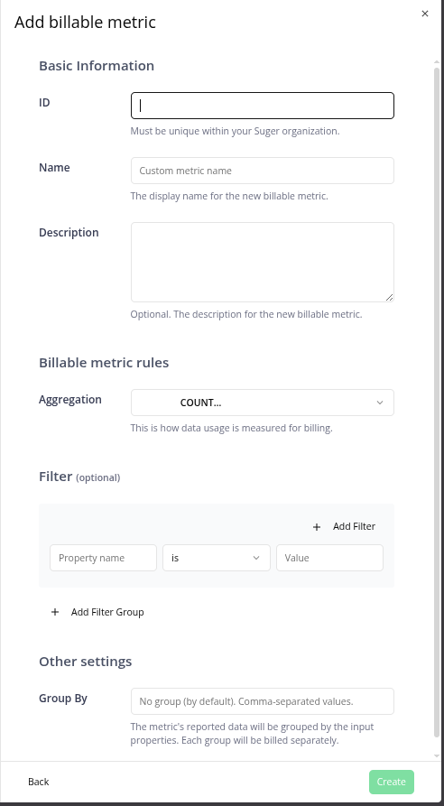 Add billable metric form in Usage Metering settings