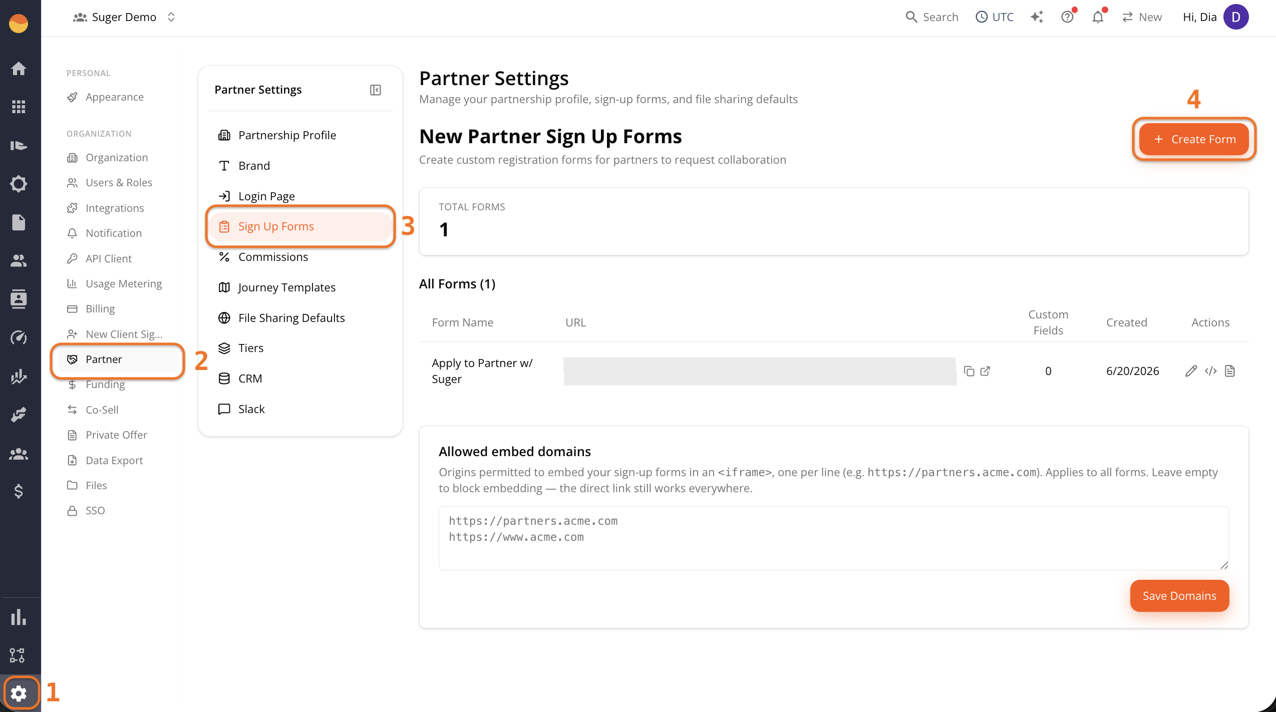 Create Form button under Partner Sign Up Forms settings