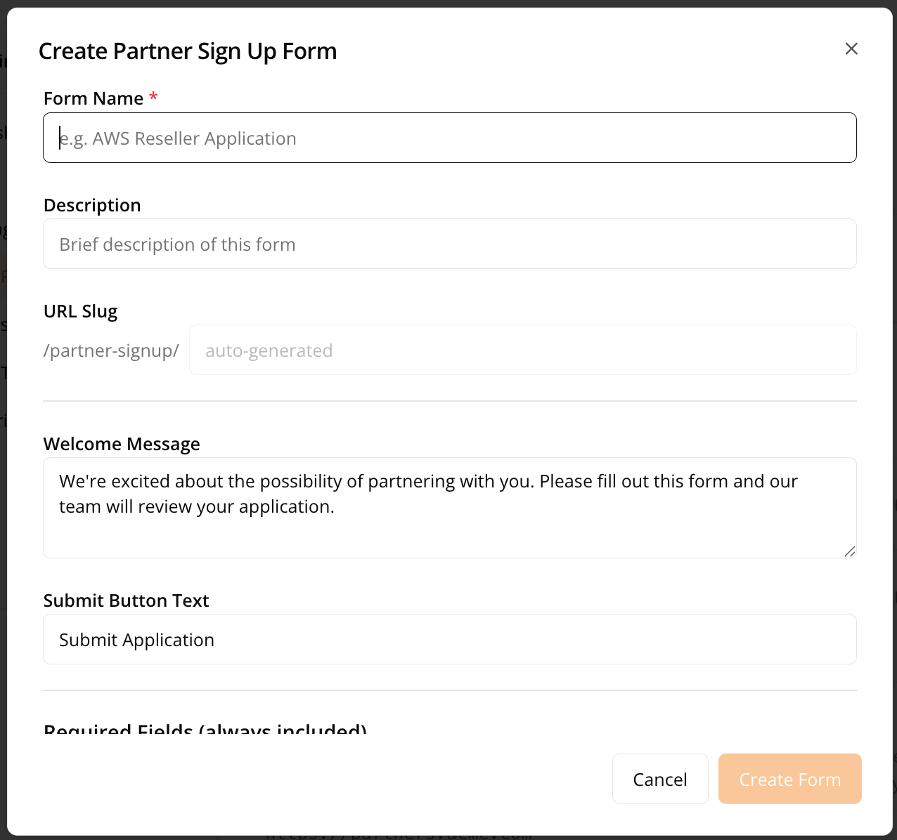 Form creation panel with name, description, welcome message, and submit button fields