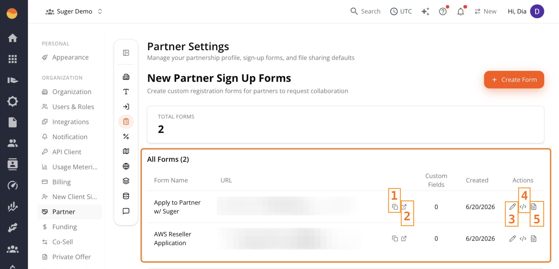 Actions column options for a form under All Forms