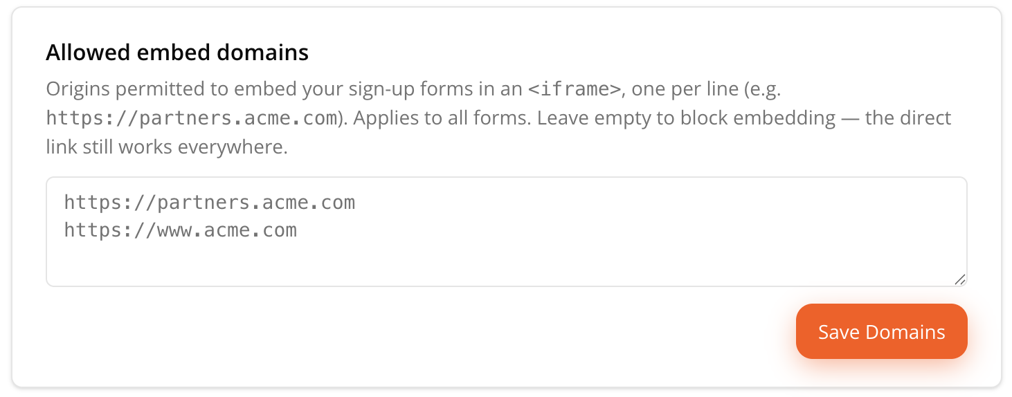 Allowed embed domains configuration with Save Domains button
