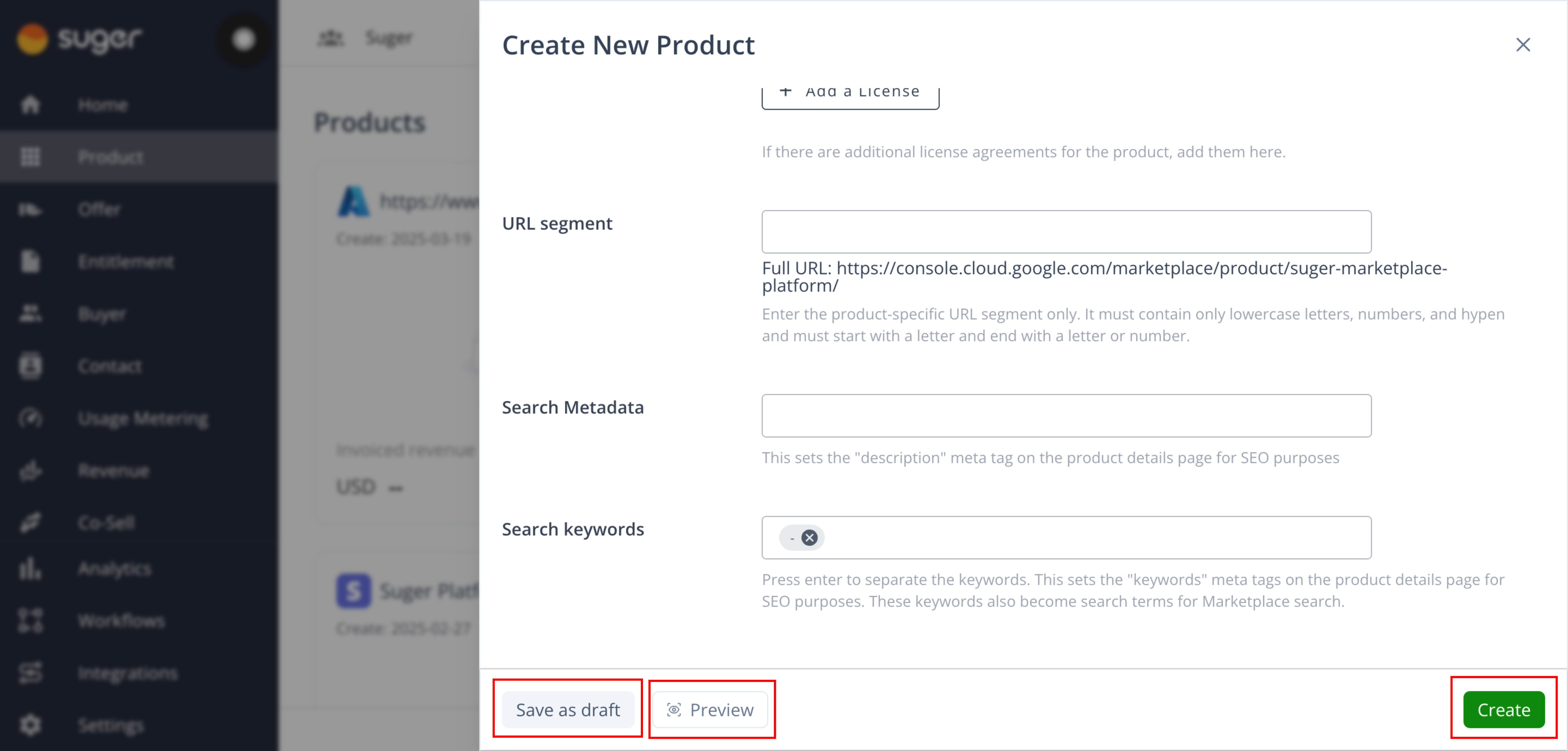 Product listing form in the Suger Console