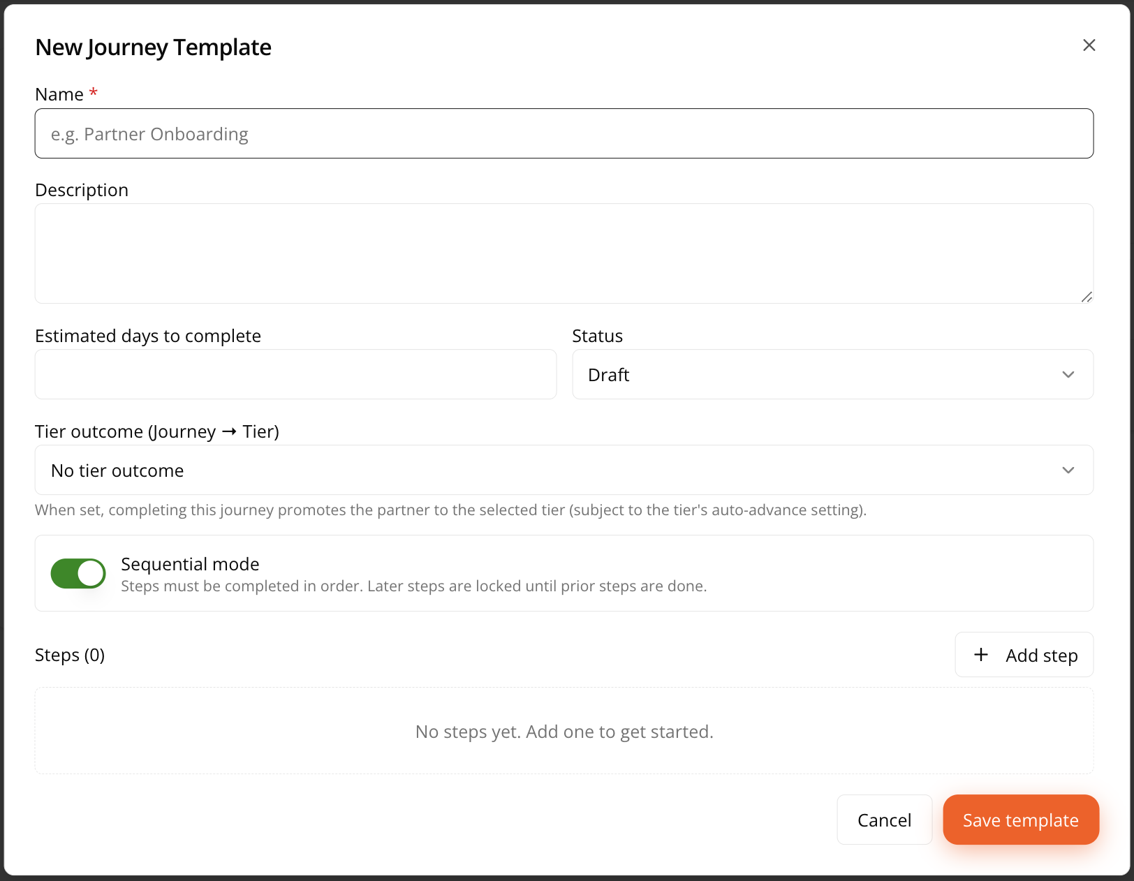 Journey template creation form with name, description, estimated days, status, tier outcome, and sequential mode fields