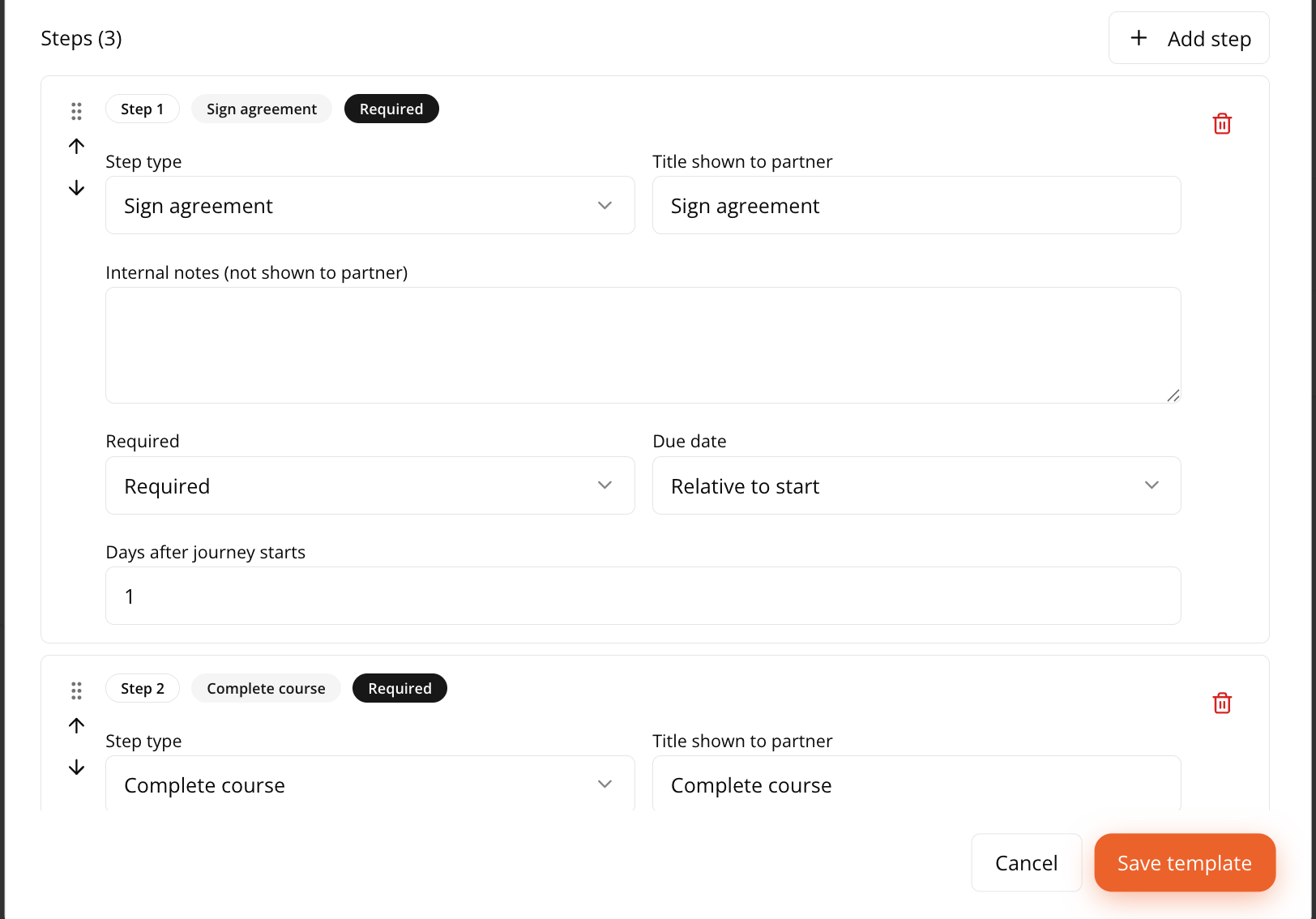 Journey step editor showing step type, partner-facing title, internal notes, required toggle, and due date