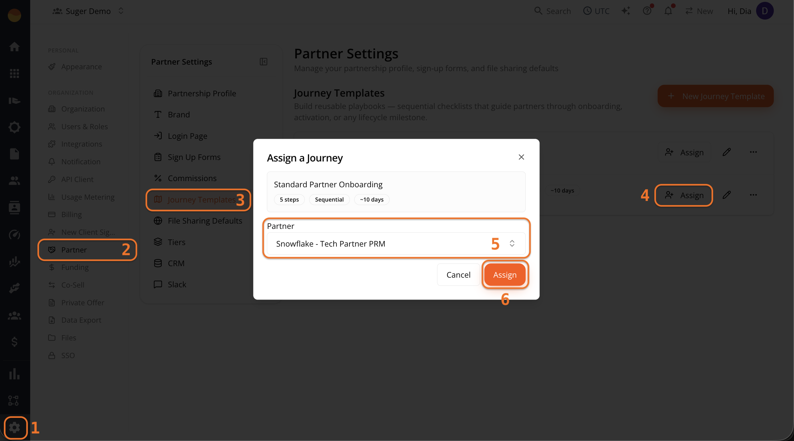 Assign a Journey dialog opened from a journey template with a partner dropdown