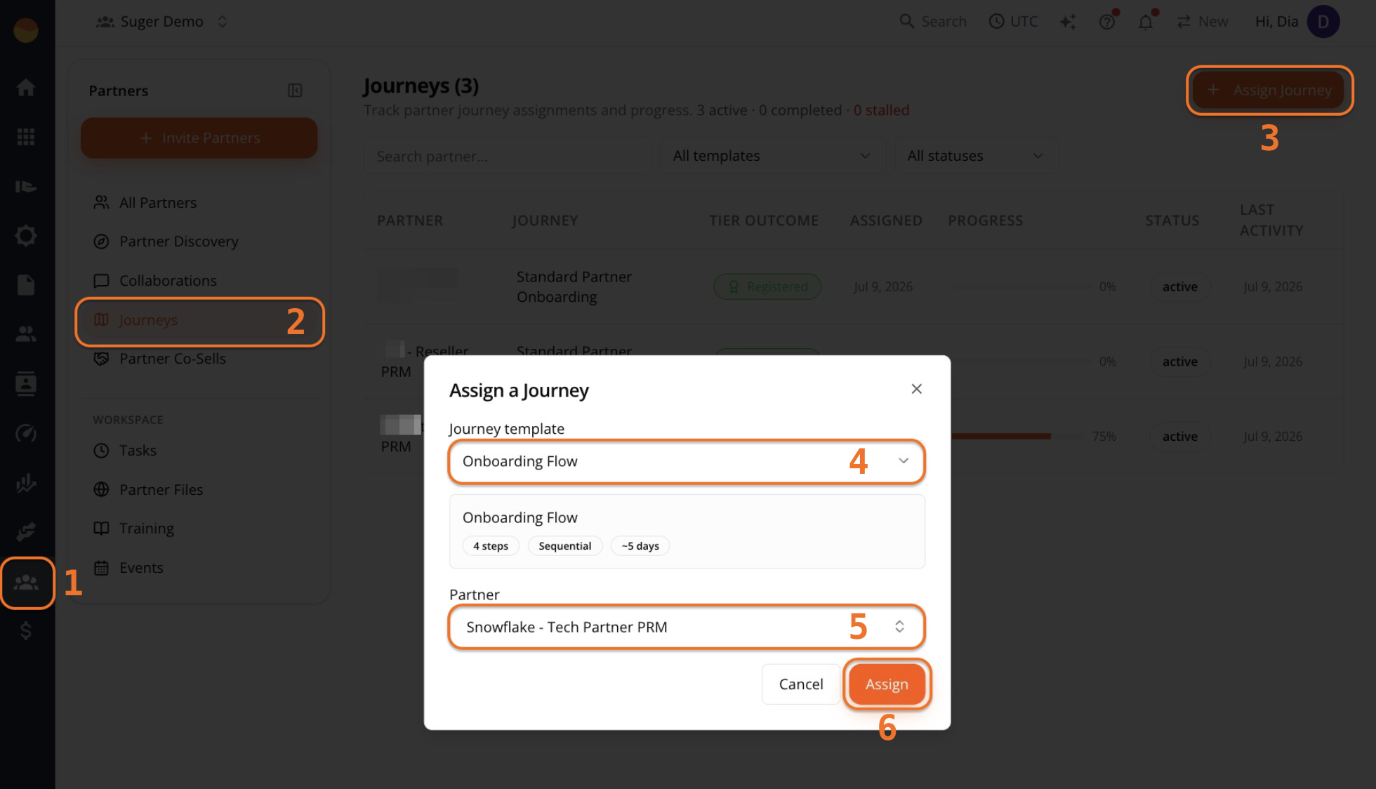 Assign a Journey dialog on the Journeys page with journey template and partner dropdowns