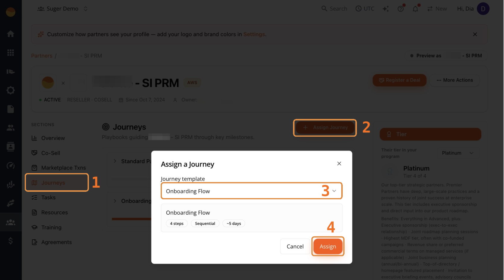 Assign a Journey dialog on a partner's Journeys tab with a journey template dropdown