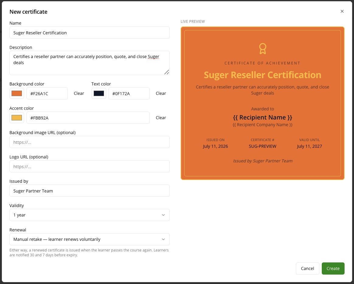 Certificate editor with details, colors, validity, and live preview