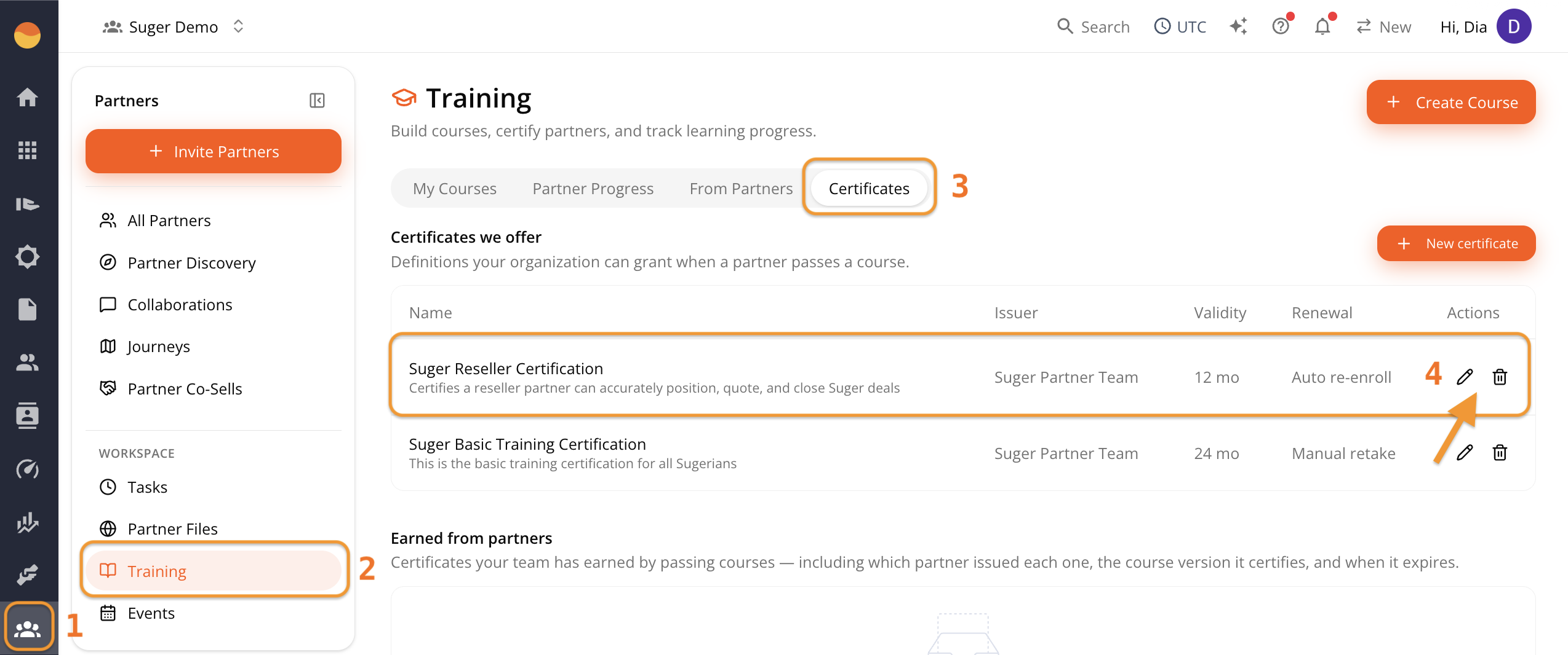 Edit and delete icons on a certificate row